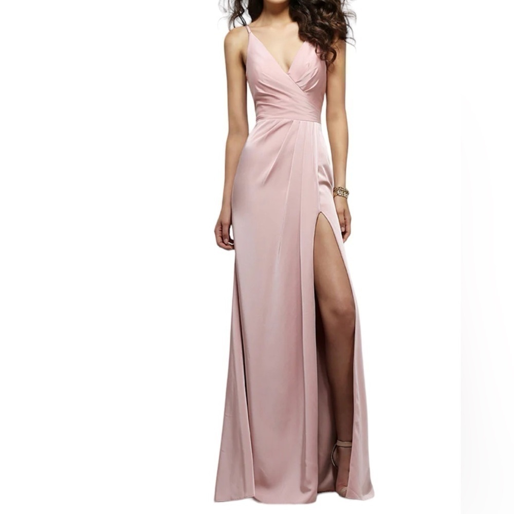 Camille La Vie Xscape Satin V Neck Side Slit Dress with Ruching Blush Pink NWT